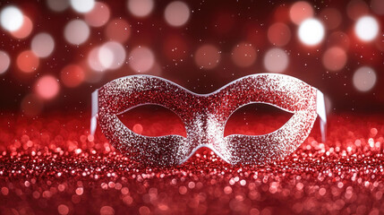 Poster - sparkling carnival mask on red glitter background, creating festive atmosphere