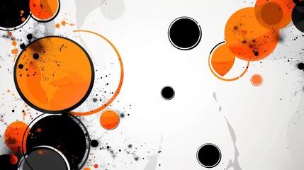 Poster - Abstract black and orange circles with splatter effects on white background. Background image of black and orange circle oil texture floating on water surface. Digital art for dynamic design. AIG51.