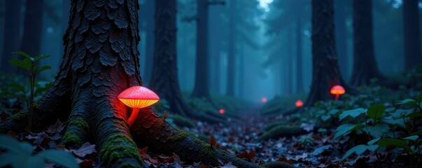 Wall Mural - dark forest with glowing fungal growth on tree trunks, forest, darkness, glow