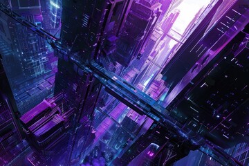 Poster - Close up of a circuit board with purple and pink neon lights. Photography for technology and innovation. Concept for electronics, circuitry, and digital design. Macro shot of microchip. AIG51.