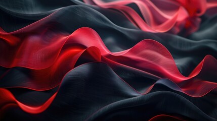 Poster - Abstract black and red fabric with wavy folds. 3D digital art with strong contrast and depth. Background image of red and black with flowing and floating fabric texture. Cloth material concept. AIG51.