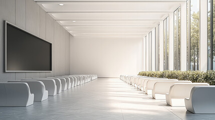 Poster - Modern minimalist conference room with white seating and large windows