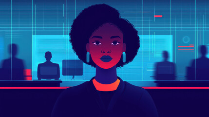 Poster - Futuristic trends concept, descriptionFuturistic digital portrait of confident woman with curly hair