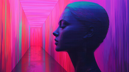 Poster - Futuristic trends concept, futuristic hallway with stylized female silhouette in vibrant colors
