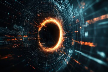 Fototapete - Digital vortex with glowing patterns and streaming data in a cosmic environment