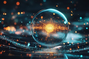 Poster - Colorful orb with glowing particles and light reflections in dark surroundings