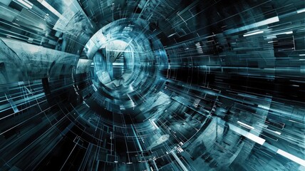Fototapete - Abstract picture vibrant particle in geometric shape represent data flow. Vivid flowing object with high tech fractal, create digital effect scene perfect for energetic, cyber wallpaper design. AIG53.