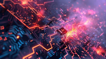 Poster - A vibrant and detailed illustration of an electronic circuit board, featuring glowing lines and abstract patterns in blue and orange. Ideal for technology themes.