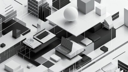 Poster - Explore an abstract geometric composition featuring monochrome elements and modern design. Ideal for digital art, technology, and creative projects.