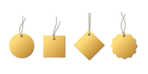 Poster - Golden tags set. Gold blank labels mockups. Yellow paper empty stickers of different shapes for price, sales, gifts, presents. Realistic vector illustrations collection isolated on white background.