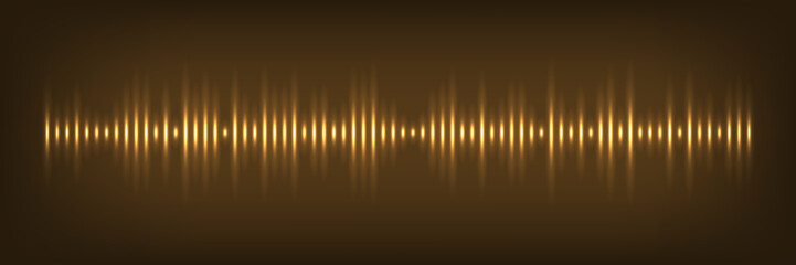 Poster - Gold sound wave with glowing light effect. Golden noise pulses curve line isolated on black. Music audio frequency, voice waveform, electronic radio signal, volume level. Abstract vector background.