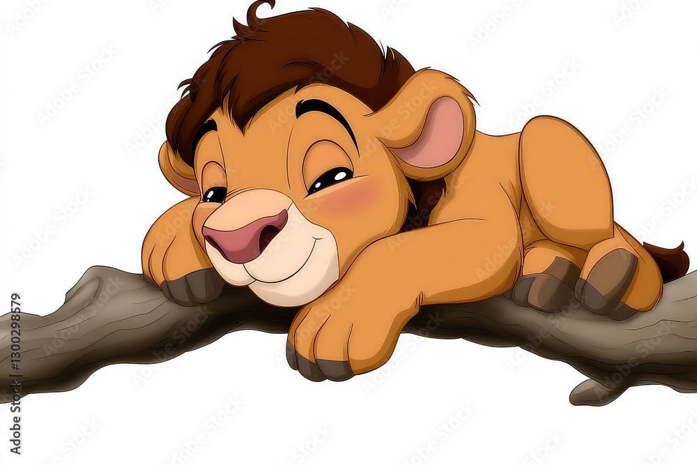 Playful young lion cub resting on a tree branch, with a serene background showcasing nature