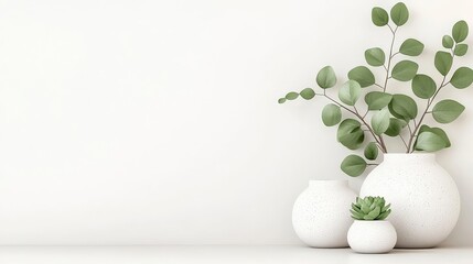 Poster - Elegant white vases with greenery and succulent on a minimalist background for modern home decor inspiration