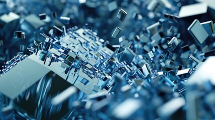 Poster - Abstract floating blue cubes in digital space. Digital art for design and print. Digital artwork of 3D rendering black cube floating in the gradient blue and white background. Technology. AIG53.