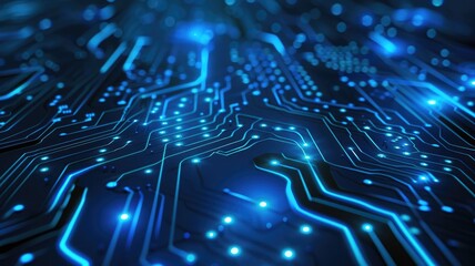 Poster - Abstract blue digital circuitry with glowing lines. Digital artwork of electronic circuit with glowing blue color and black background. Abstract artwork of motherboard. Technology innovation. AIG53.