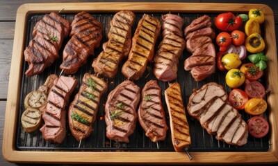 colorful array of grilled meats on a large wooden grill, skewers, marinated