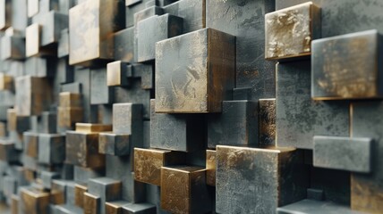 Poster - Abstract metallic geometric blocks in grey and gold. Abstract artwork of 3D rendering art with geometric shape with black wall. Digital art for design and print. Building construction concept. AIG53.
