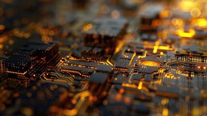Poster - Glowing orange circuit board with detailed lines and patterns on a dark background. Digital art for design. Abstract image of wireframe or motherboard with glowing color with electronic parts. AIG53.