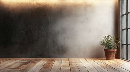 Poster - sleek modern industrial interior featuring wooden floor, potted plant, and textured wall, creating serene atmosphere