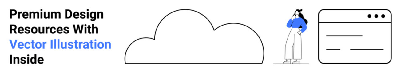 Minimalist cloud symbol, browser window, and woman in deep thought capture simplicity of design and digital tools. Ideal for creativity, cloud tech, innovation, web development, user interface