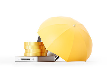 Poster - Yellow umbrella protecting gold coins and a safe. 3D Rendering