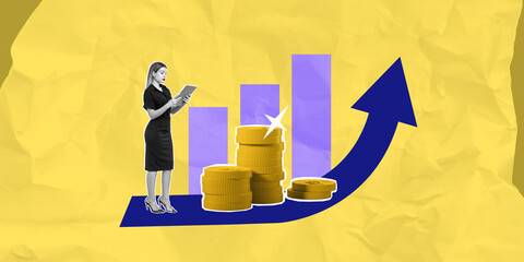 Poster - Businesswoman with Growth Chart and Coins.
