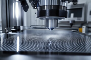 Poster - Advanced microscope exploring intricate details of a material surface in a laboratory setting