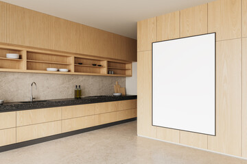 Poster - Modern kitchen interior with blank poster on wooden wall. 3D Rendering