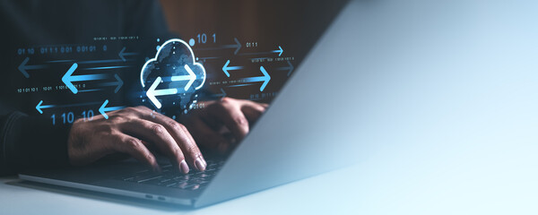 Fototapete - Cloud data transfer concept with digital arrows.