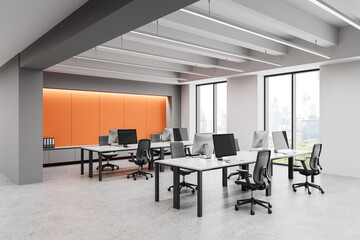 Poster - Modern open-plan office interior with minimalist design and ergonomic workspace setup. 3D Rendering