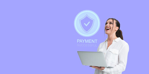 Poster - Happy woman with laptop and payment successful symbol on purple