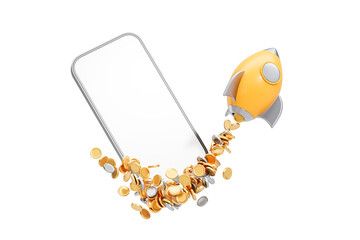 Poster - Smartphone with rocket launching coins from screen. 3D Rendering