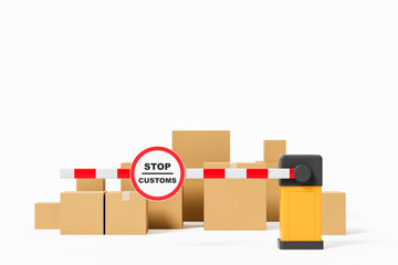 Poster - Customs barrier with stop sign blocking stacked cardboard boxes. 3D Rendering