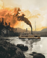 Wall Mural - A steamboat on the river moves majestically along _009