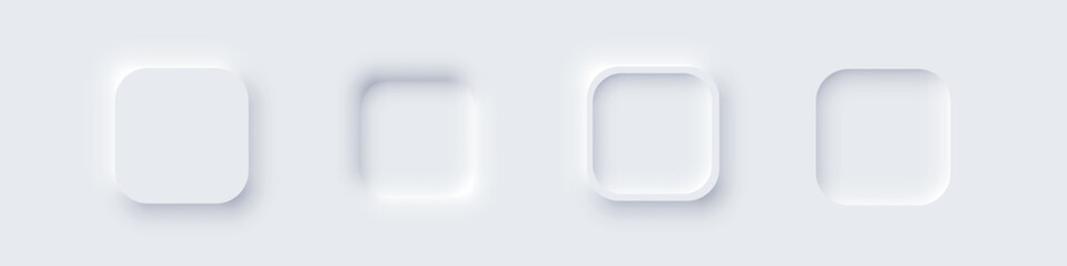 Poster - White square web buttons. Soft glowing circular UI elements in modern neomorphism style. Abstract 3D buttons with subtle shadows and light effects. Minimalist vectors for apps, digital interfaces.