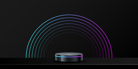 Poster - Black round podium with glow neon line and neon arch on black background. Product display stand background. Cosmetic showcase pedestal, platform, stage for product presentation. Vector illustration.
