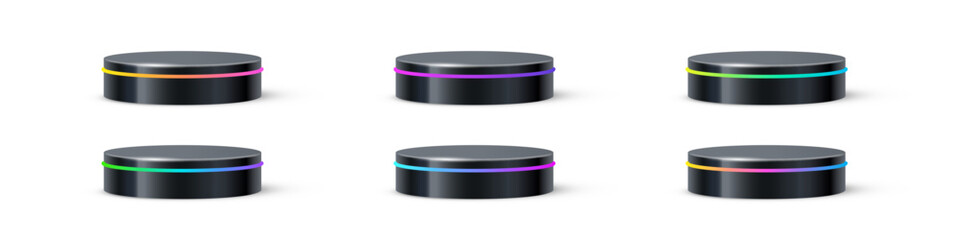 Poster - Black round podiums with glow neon line. Set of product display stands isolated on white background. Cosmetic showcase pedestal, platform, stage. Realistic vector illustration set.