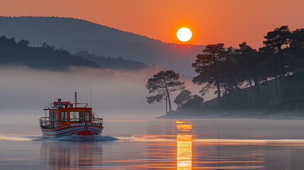 Wall Mural - a steamer at sunset when the last rays of the sun _011