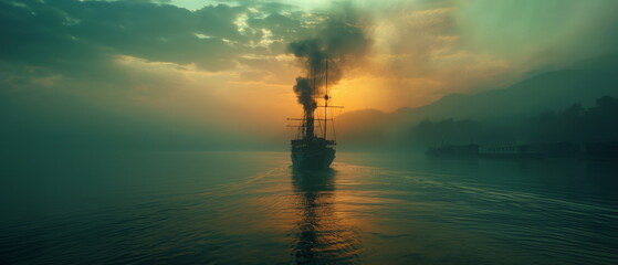 Wall Mural - a steamer in the harbors its smoke from the chimne_002