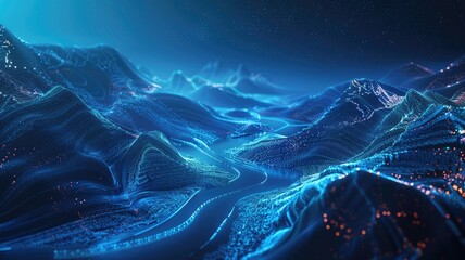 Poster - This abstract night scene showcases a stunning mountainous terrain illuminated by blue hues, creating a serene and dreamy digital landscape perfect for artistic visuals.