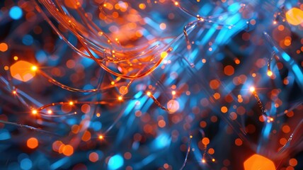 Poster - A stunning abstract image featuring glowing blue and orange fiber lights in a dynamic flow, evoking themes of technology and creativity. Perfect for digital projects.