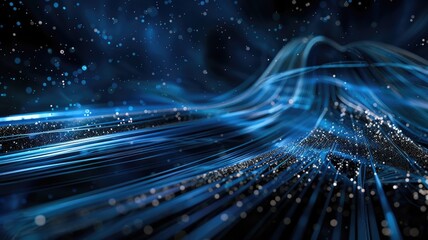 Fototapete - Abstract picture micro light sparkling particle represent data flow vivid flowing wave with high tech background, create digital effect scene perfect for energetic and fantasy wallpaper design. AIG53.