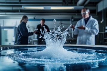 Poster - Lab experiment showcasing water splash and scientists conducting research