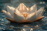 Leuchtende Lotusblüte mit Wassertropfen auf ruhiger Wasseroberfläche – Symbol der Reinheit
