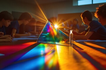 Poster - light experiments in a classroom with students and a prism displaying colorful reflections