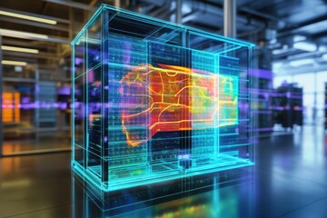 Poster - High-tech data center with glowing server racks and digital design elements