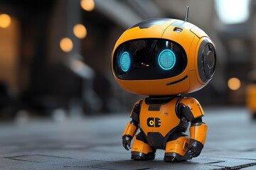 Poster - Cute robot stands on city street while exploring urban environment during daylight hours