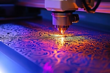 Poster - Laser engraving process showcasing intricate designs on material surface at workshop