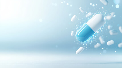 futuristic blue and white medical capsule with glowing effect surrounded by smaller pills on light b