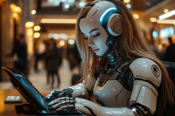 Poster - Robotic figure engaged in digital activity at a modern indoor location during a busy day
